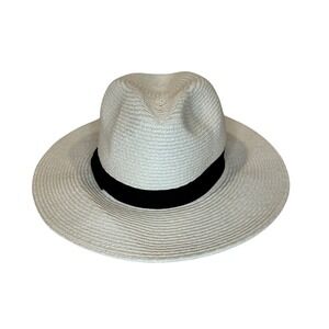 Target Straw Fedora Sun Hat Womens One Size Cream Black Ribbon Wide Brim‎ Summer
